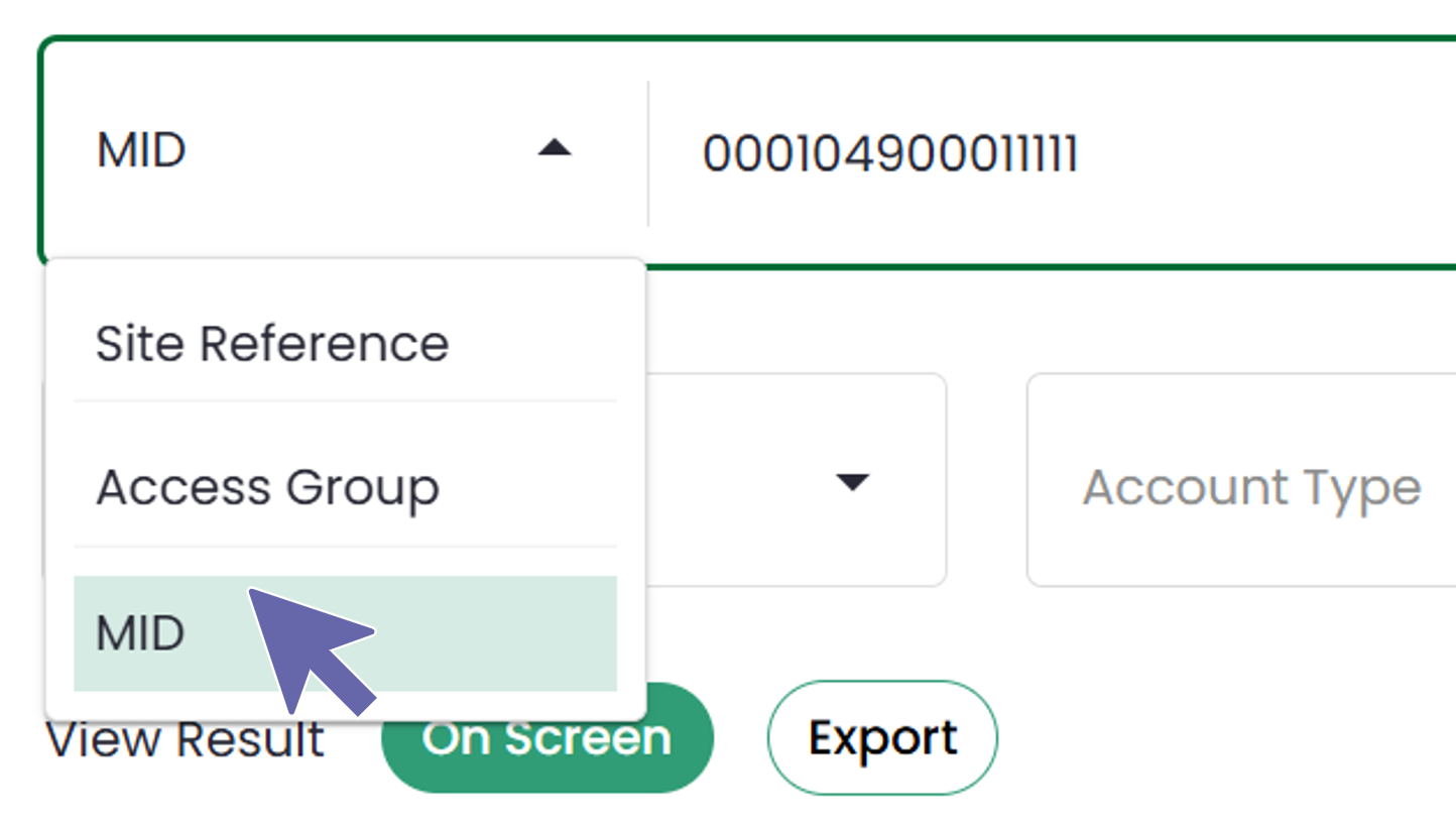 Portal : Der Benutzer hat auf der Seite zur Transaktionssuche „MID“ aus dem Dropdown-Menü ausgewählt.