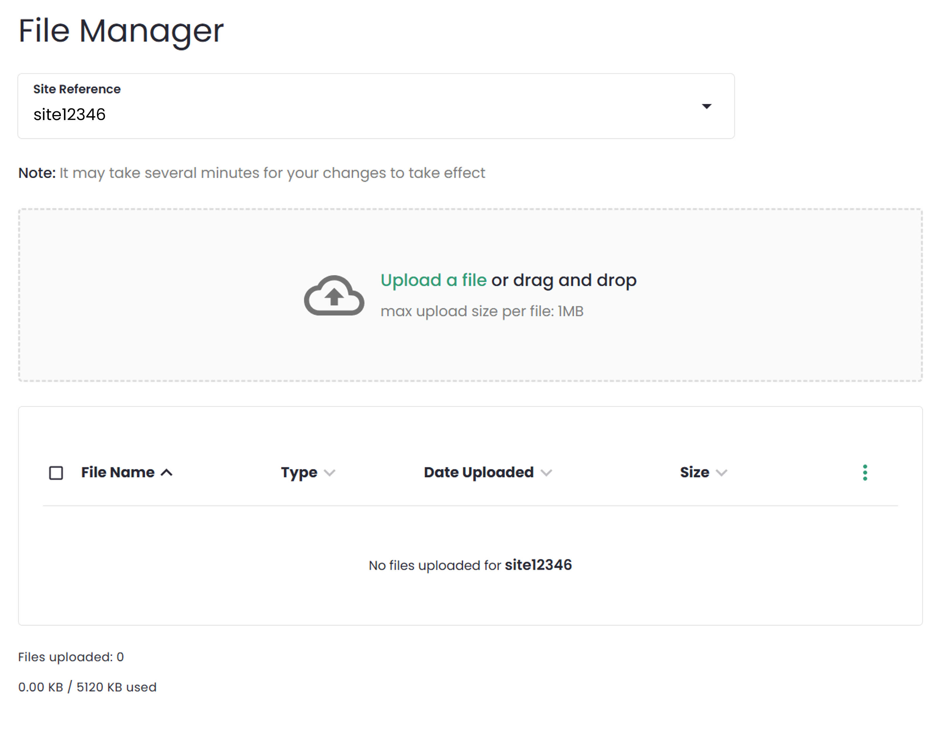 File Manager screenshot: User selects site via drop-down at top. There's a space to drag and drop files for upload.